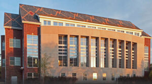 Hixon Lied Success Center building on campus at sunrise