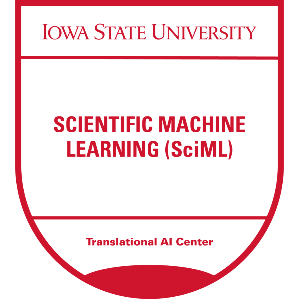 Red micro-credential badge for "Scientific Machine Learning (SciML)" offered by Iowa State University's Translational AI Center.