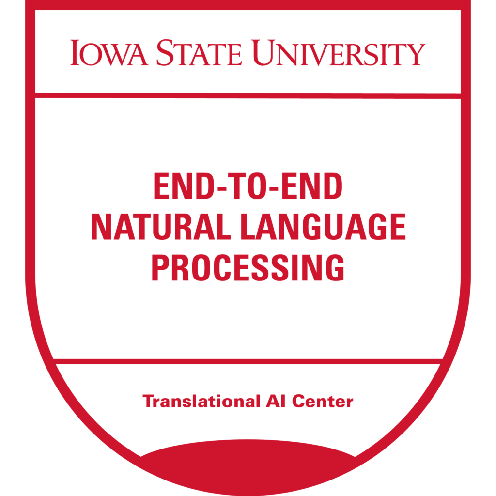 Red micro-credential badge for "End-to-End Natural Language Processing" offered by Iowa State University's Translational AI Center.