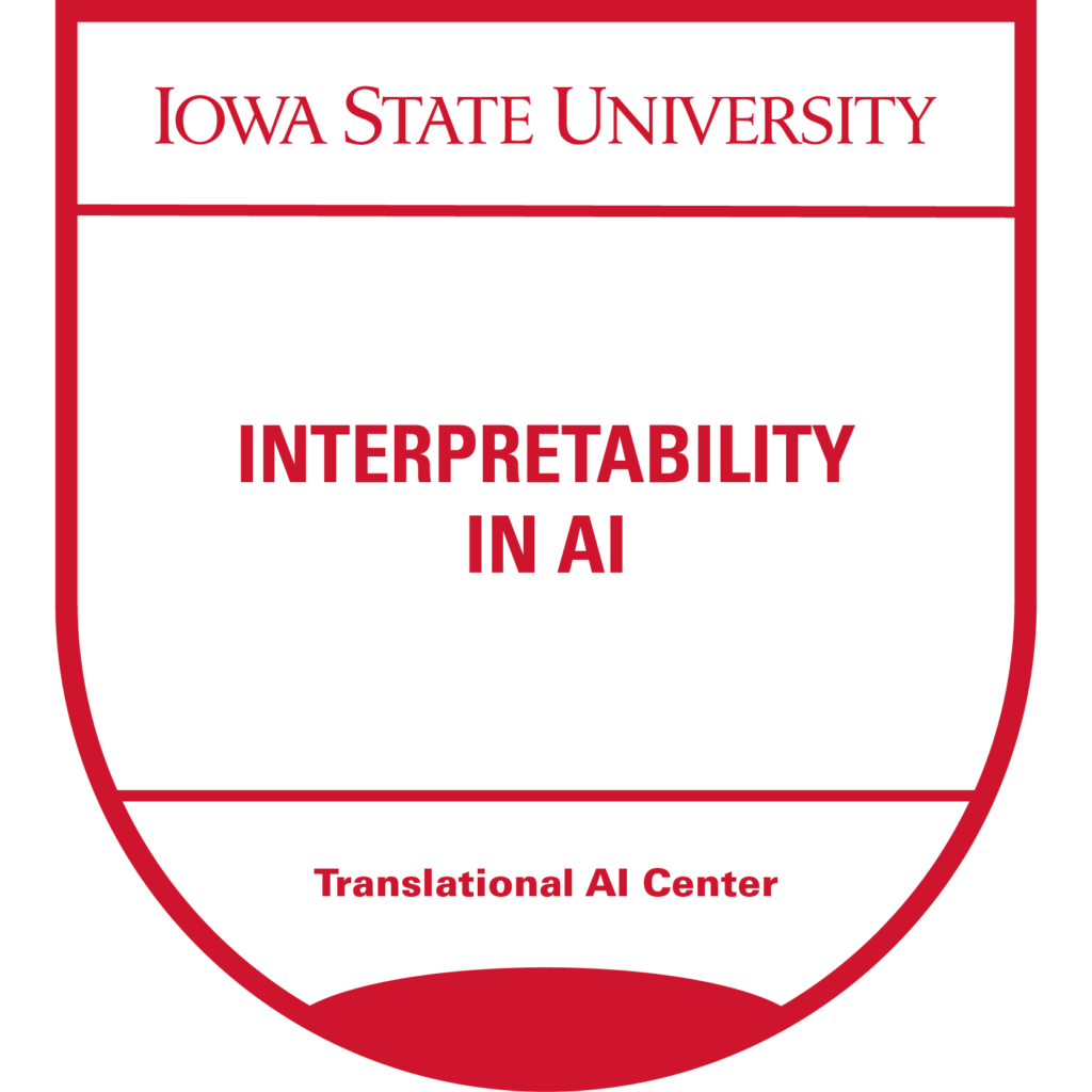 Red micro-credential badge for "Interpretability in AI" offered by Iowa State University's Translational AI Center.